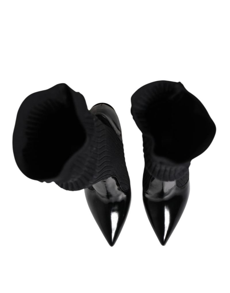 Black Leather Ribbed Knit Knee Boots Shoes Dolce & Gabbana