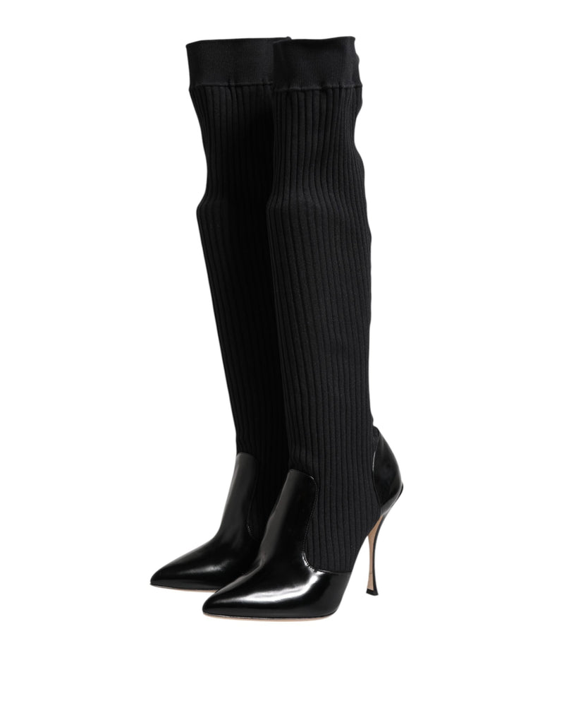 Black Leather Ribbed Knit Knee Boots Shoes Dolce & Gabbana
