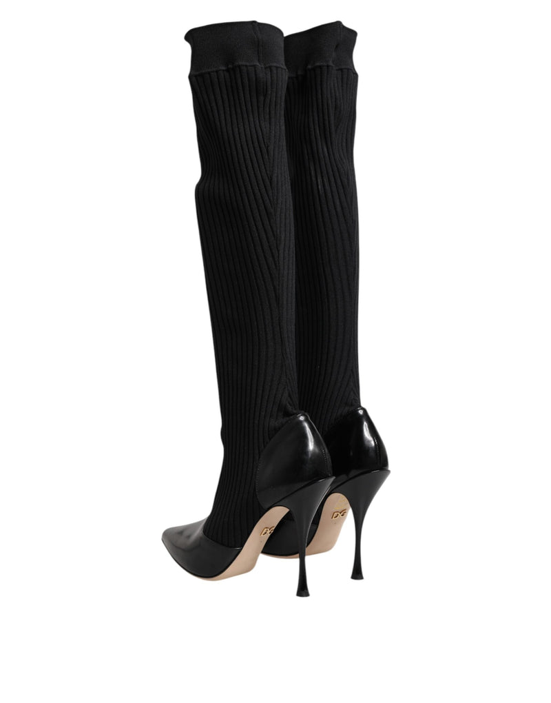 Black Leather Ribbed Knit Knee Boots Shoes Dolce & Gabbana