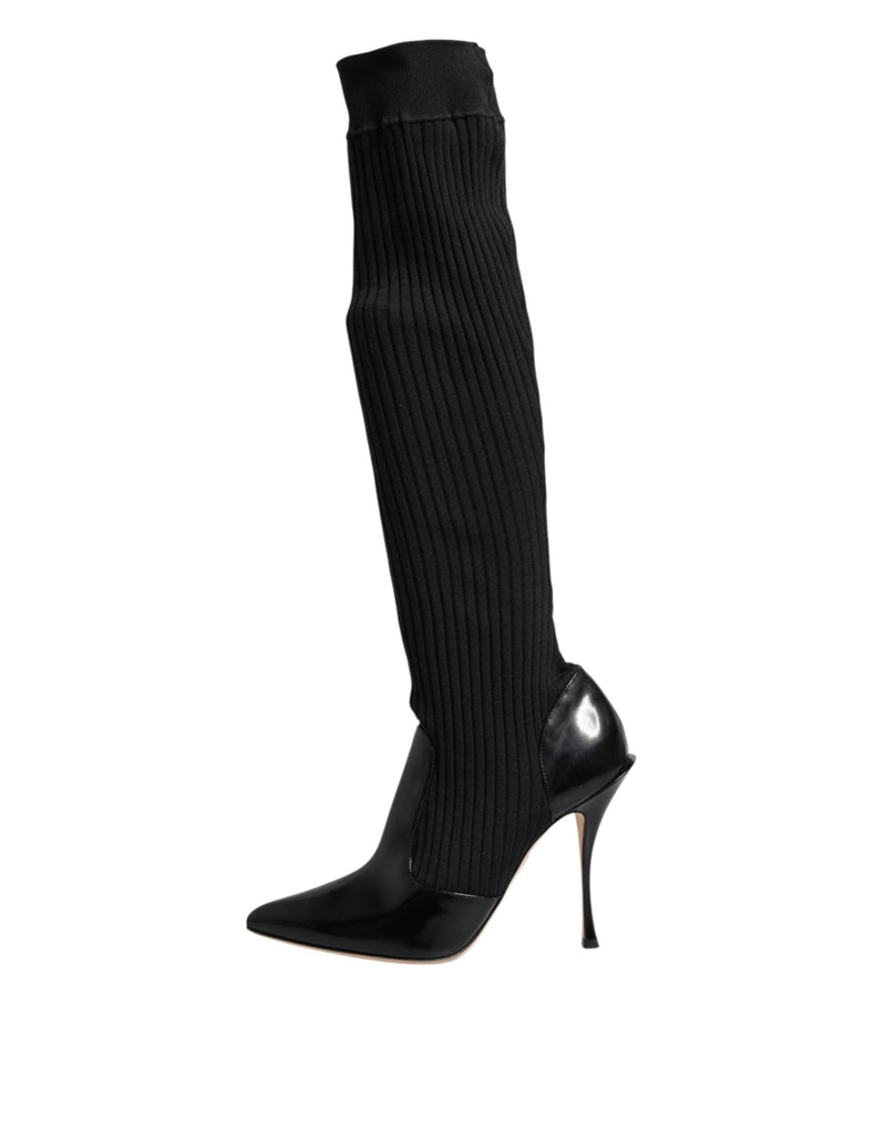 Black Leather Ribbed Knit Knee Boots Shoes Dolce & Gabbana