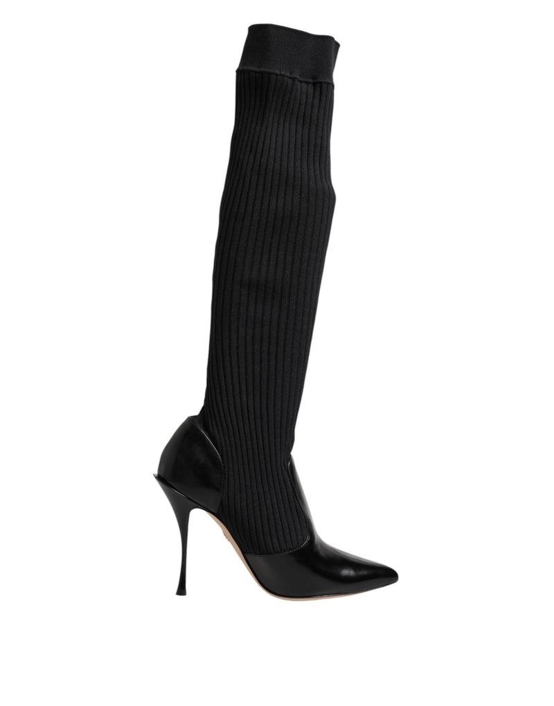 Black Leather Ribbed Knit Knee Boots Shoes Dolce & Gabbana