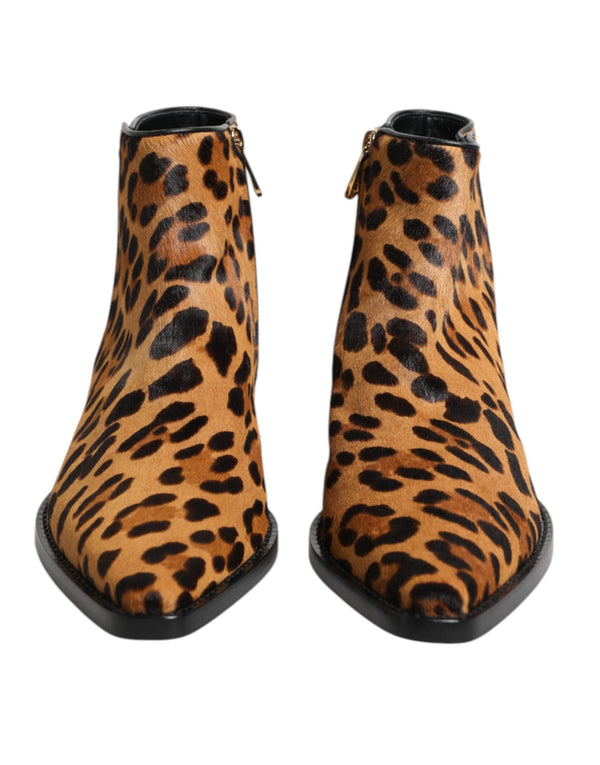Brown Leopard Calf Fur Ankle Boots Shoes Dolce & Gabbana