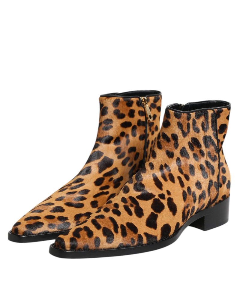 Brown Leopard Calf Fur Ankle Boots Shoes Dolce & Gabbana