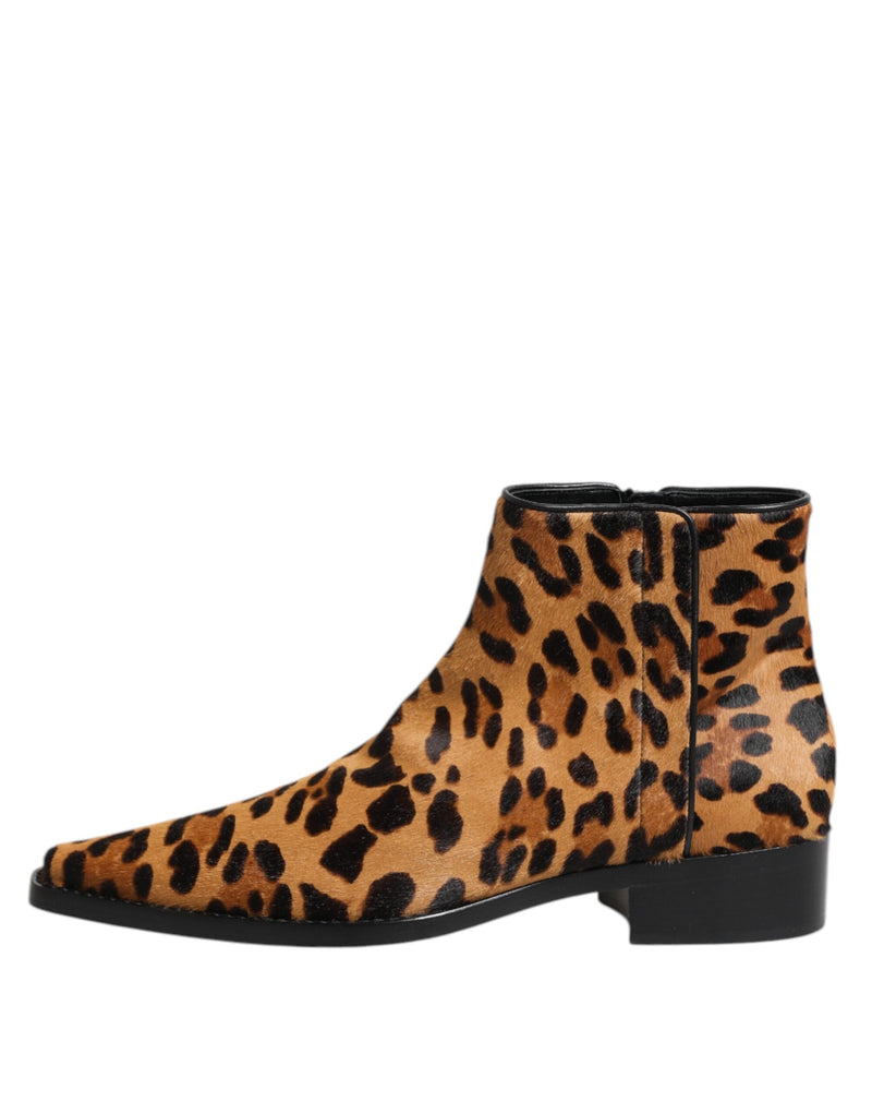 Brown Leopard Calf Fur Ankle Boots Shoes Dolce & Gabbana