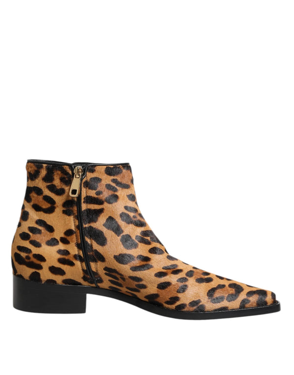 Brown Leopard Calf Fur Ankle Boots Shoes Dolce & Gabbana
