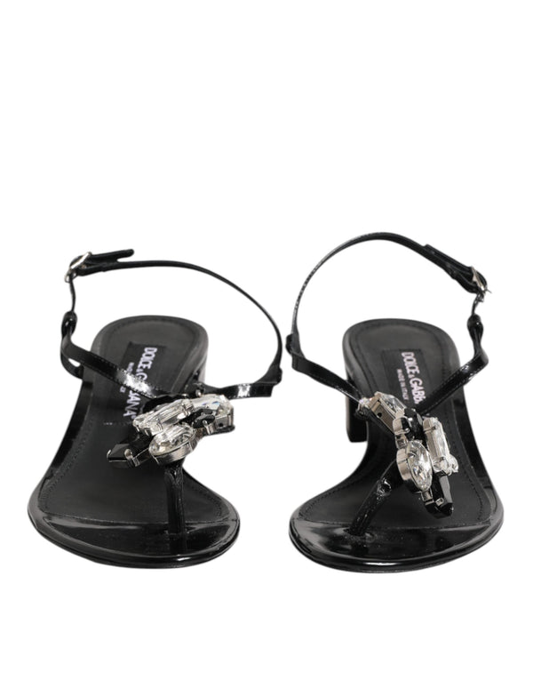 Black Leather Crystal Ankle Strap Sandals Shoes Dolce & Gabbana