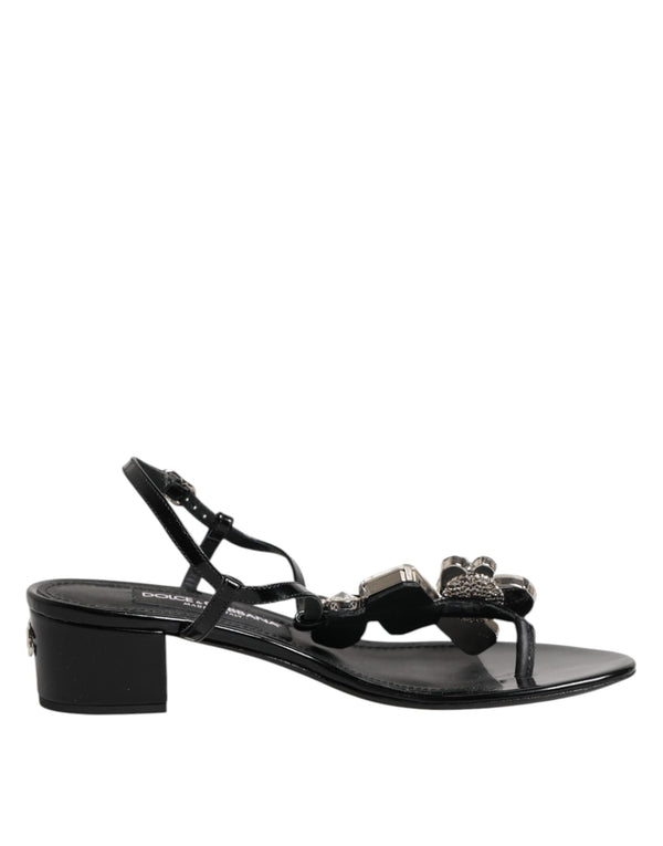 Black Leather Crystal Ankle Strap Sandals Shoes Dolce & Gabbana