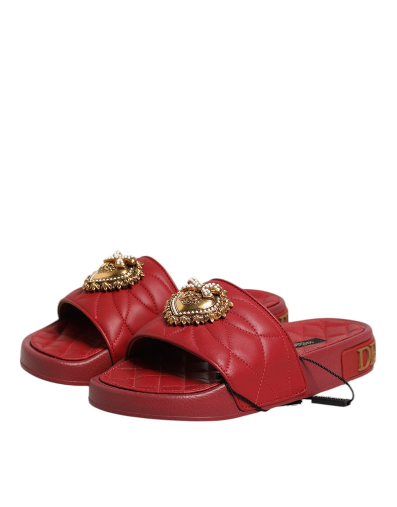 Red Devotion Matelassé Leather Slides Shoes Dolce & Gabbana
