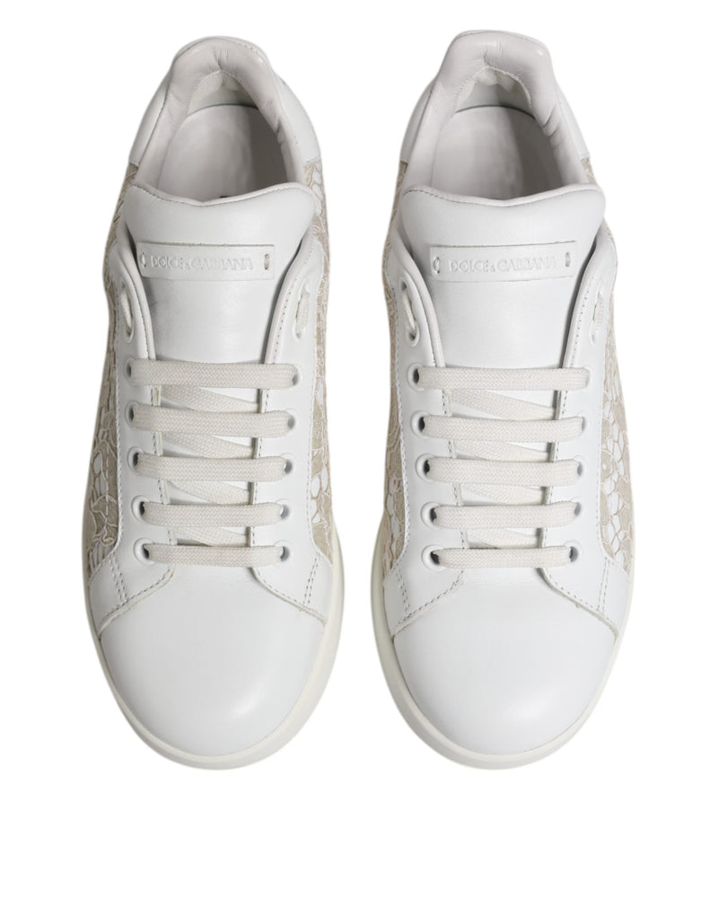 White Lace Leather Low Top Sneaker Shoes Dolce & Gabbana