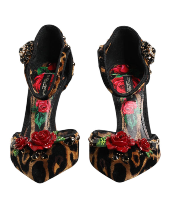 Brown Leopard Crystal Roses Pumps Shoes Dolce & Gabbana