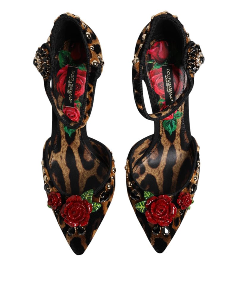Brown Leopard Crystal Roses Pumps Shoes Dolce & Gabbana
