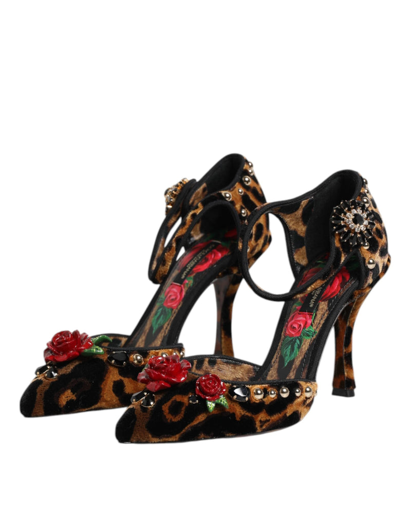 Brown Leopard Crystal Roses Pumps Shoes Dolce & Gabbana