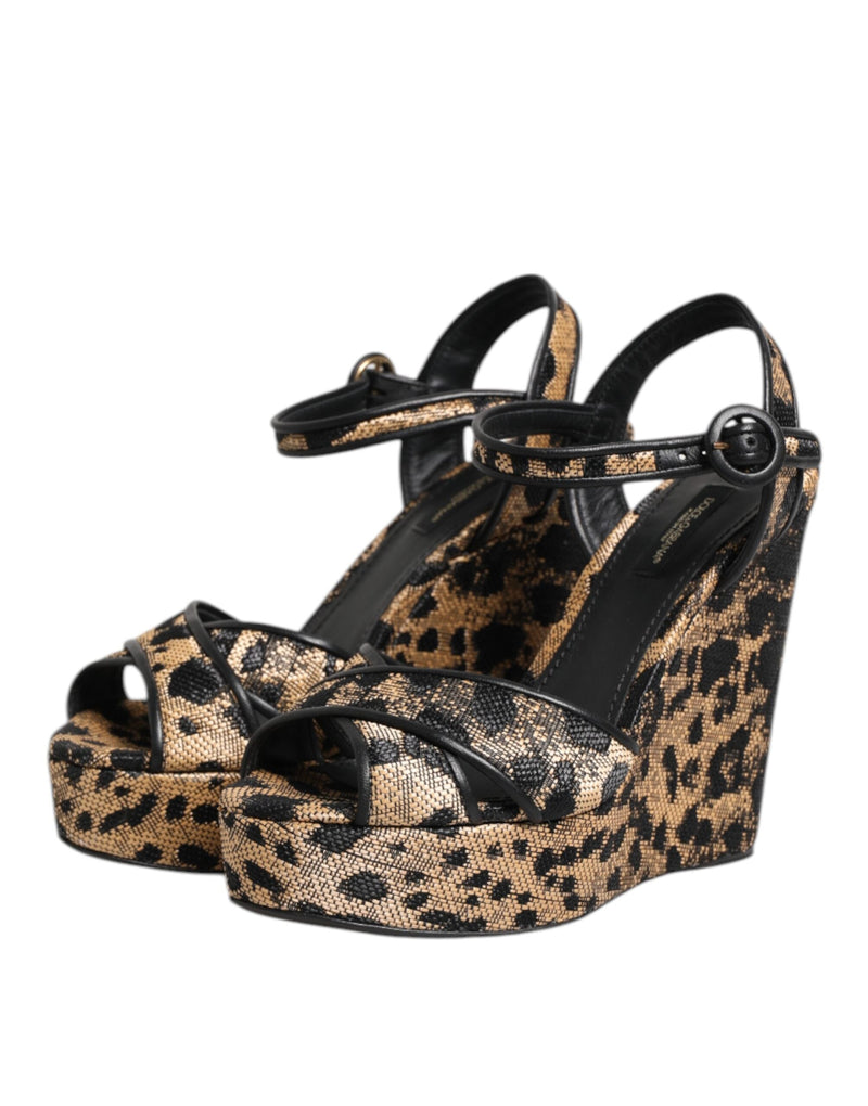 Brown Leopard Wedges Ankle Strap Sandals Shoes Dolce & Gabbana