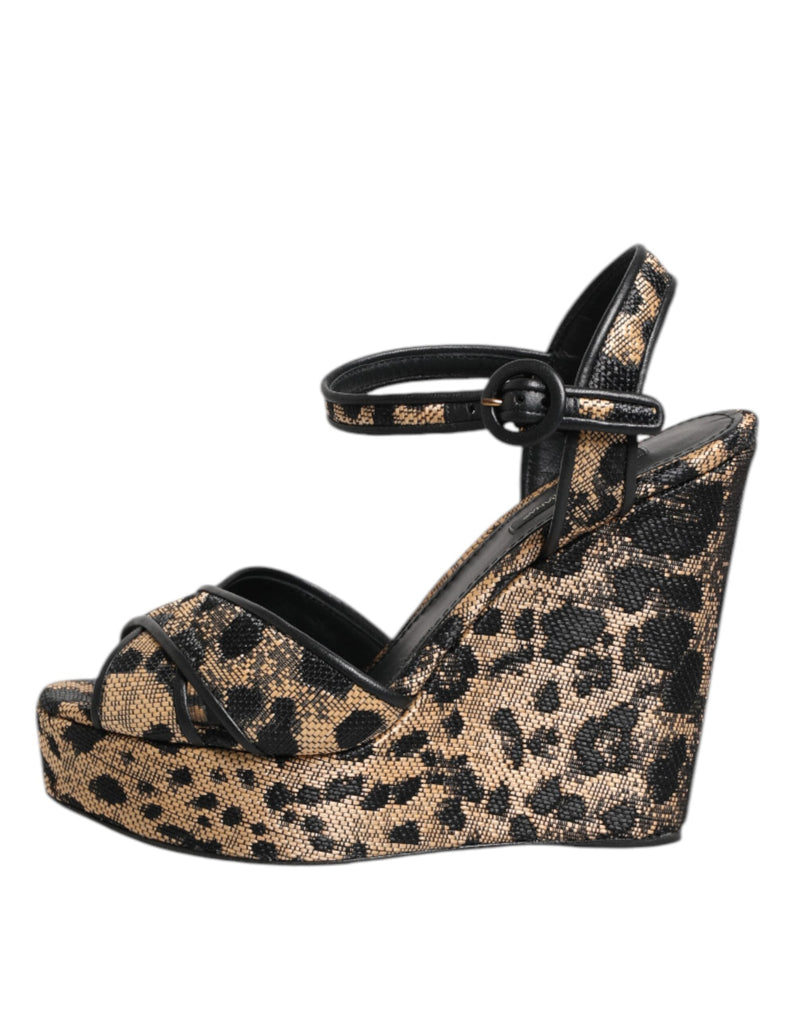 Brown Leopard Wedges Ankle Strap Sandals Shoes Dolce & Gabbana