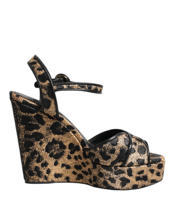 Brown Leopard Wedges Ankle Strap Sandals Shoes Dolce & Gabbana