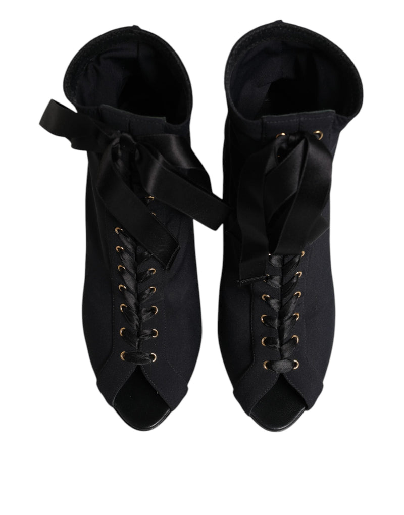 Black Stiletto Heels Lace Up Boots Shoes Dolce & Gabbana