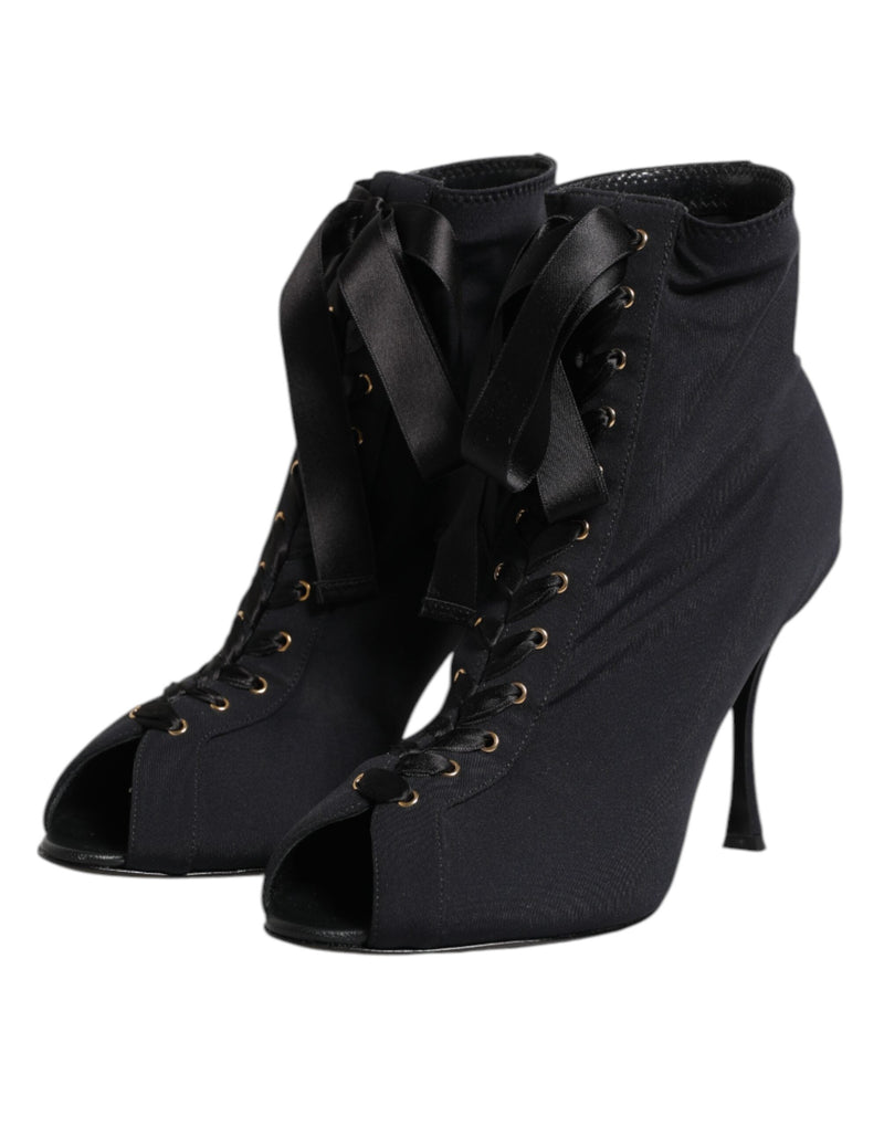 Black Stiletto Heels Lace Up Boots Shoes Dolce & Gabbana