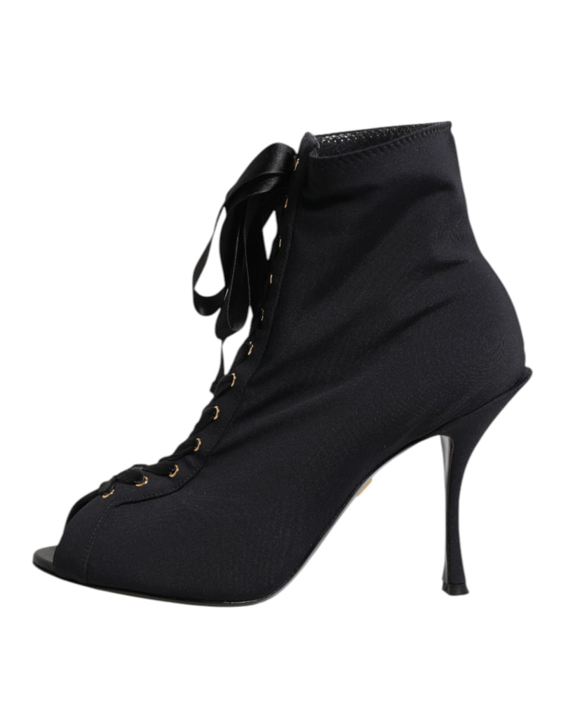 Black Stiletto Heels Lace Up Boots Shoes Dolce & Gabbana