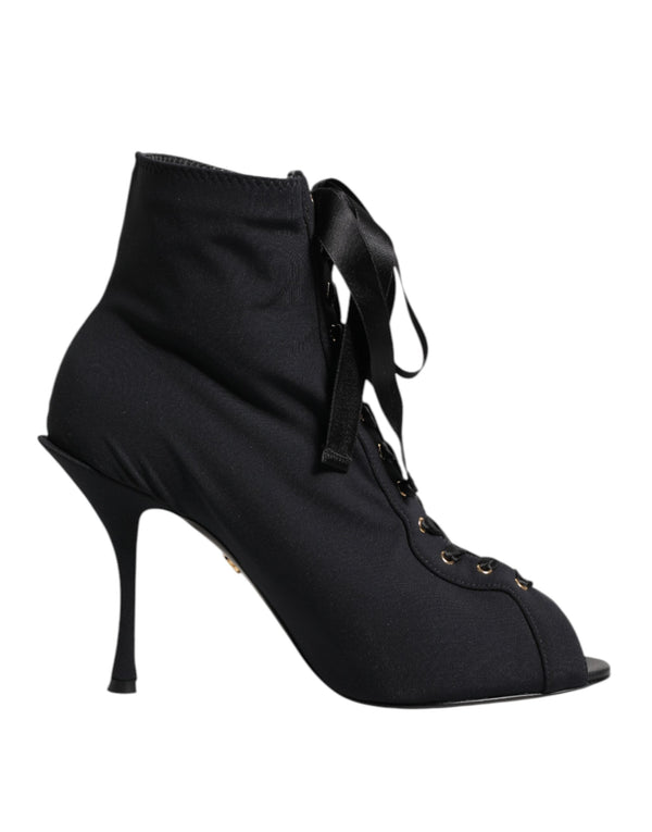 Black Stiletto Heels Lace Up Boots Shoes Dolce & Gabbana