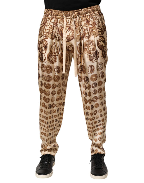 Beige Coin Print Silk Twill Men Jogger Pants Dolce & Gabbana
