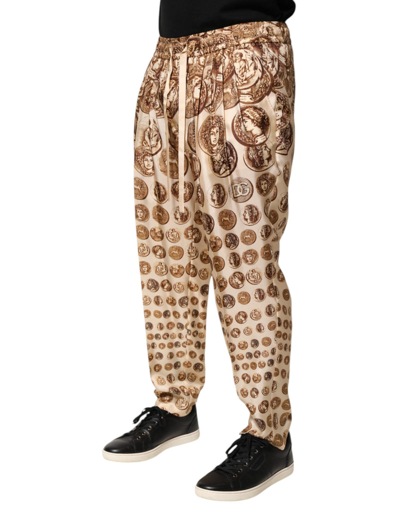 Beige Coin Print Silk Twill Men Jogger Pants Dolce & Gabbana