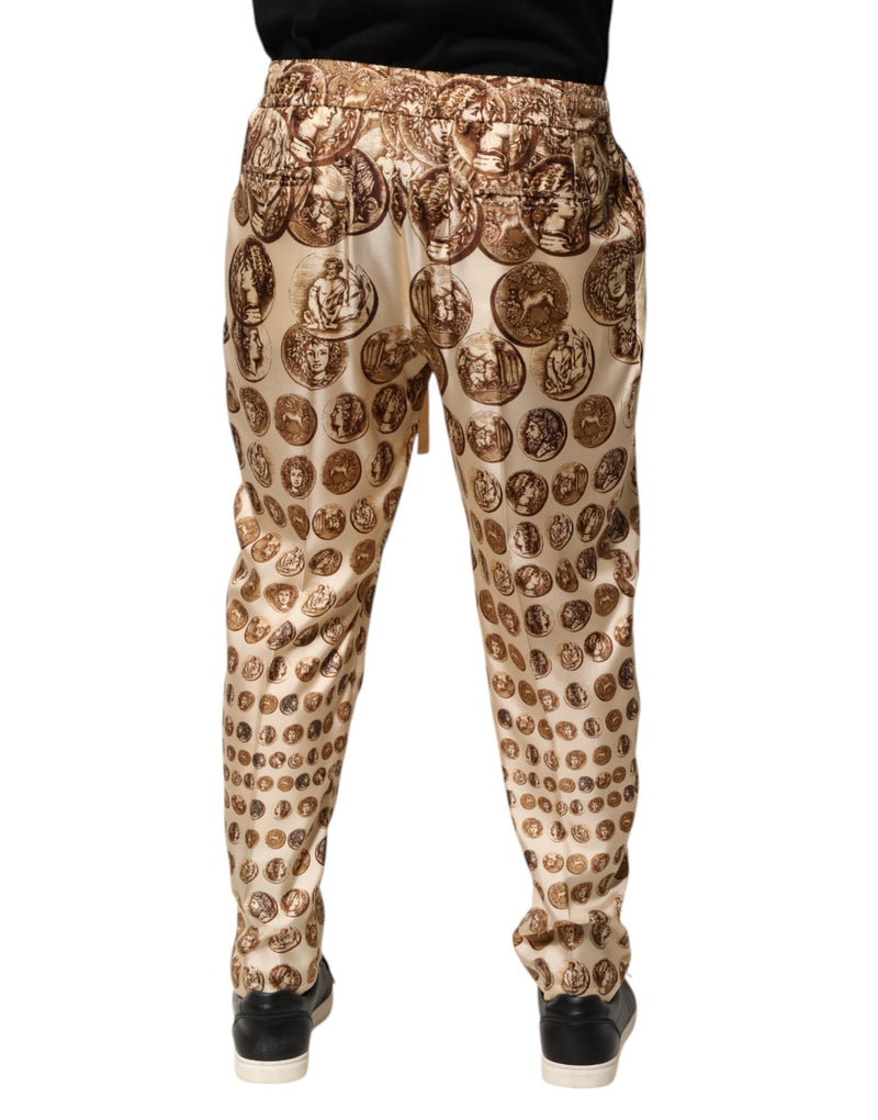 Beige Coin Print Silk Twill Men Jogger Pants Dolce & Gabbana