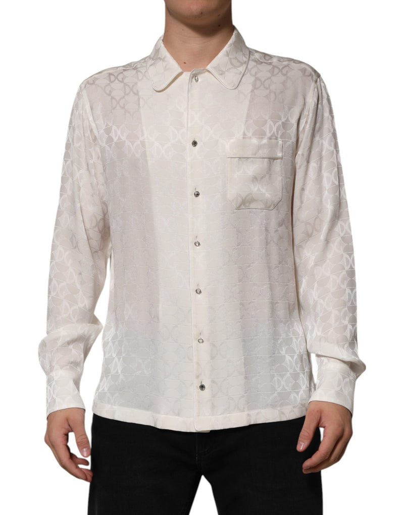 White Silk DG Logo Print Long Sleeves Shirt Dolce & Gabbana