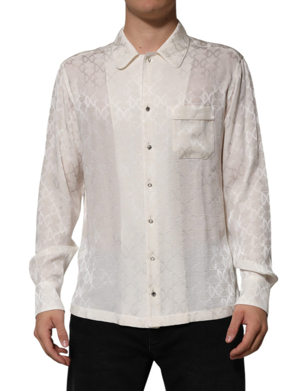 White Silk DG Logo Print Long Sleeves Shirt Dolce & Gabbana