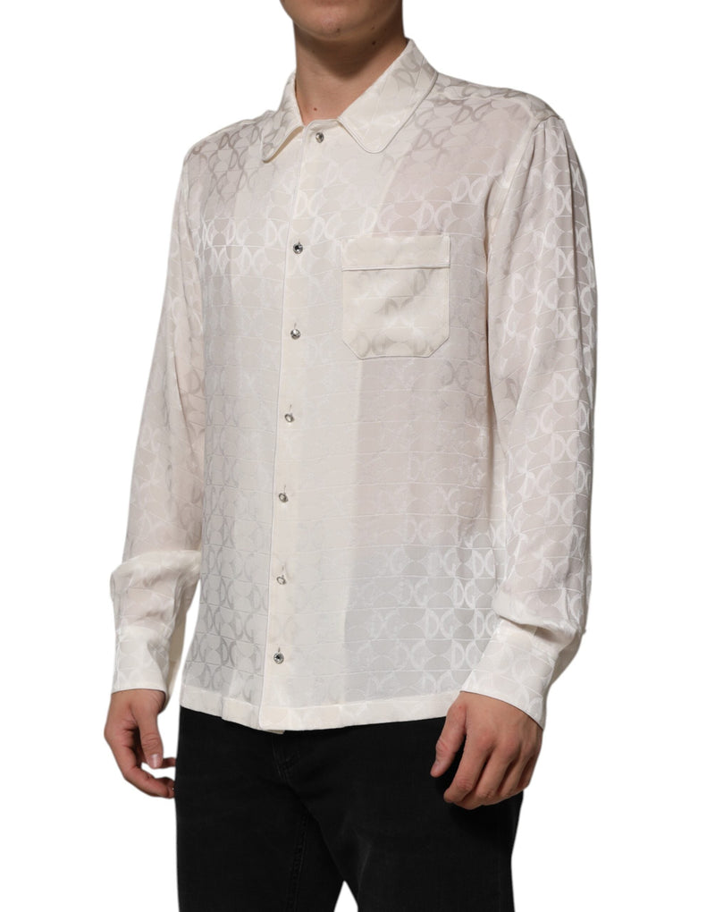 White Silk DG Logo Print Long Sleeves Shirt Dolce & Gabbana