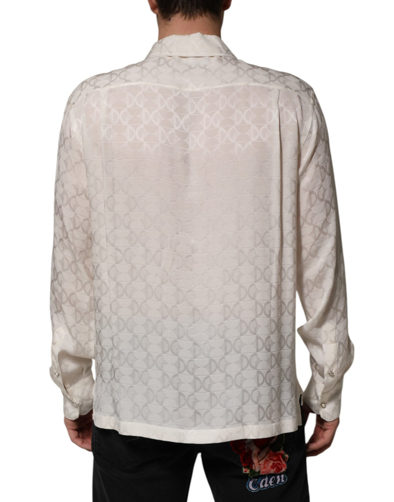 White Silk DG Logo Print Long Sleeves Shirt Dolce & Gabbana