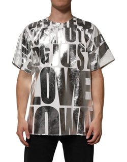 White Cotton Silver Metallic Slogan Print T-shirt Dolce & Gabbana