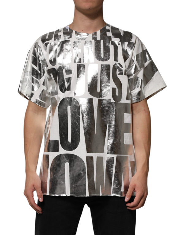White Cotton Silver Metallic Slogan Print T-shirt Dolce & Gabbana