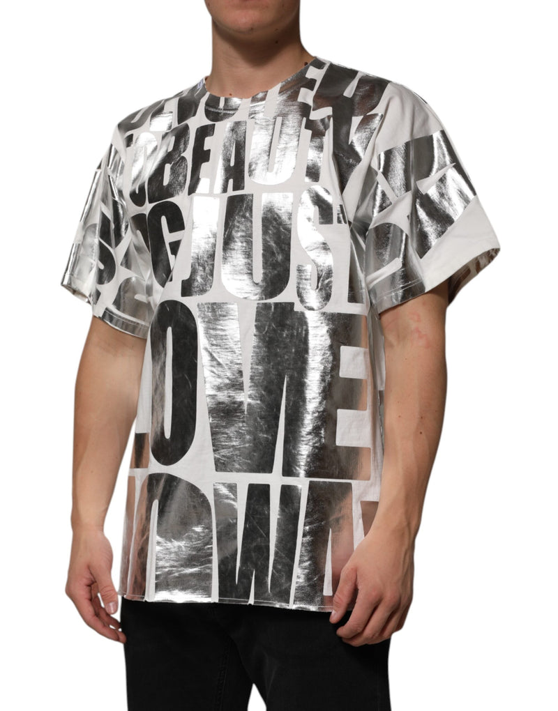 White Cotton Silver Metallic Slogan Print T-shirt Dolce & Gabbana