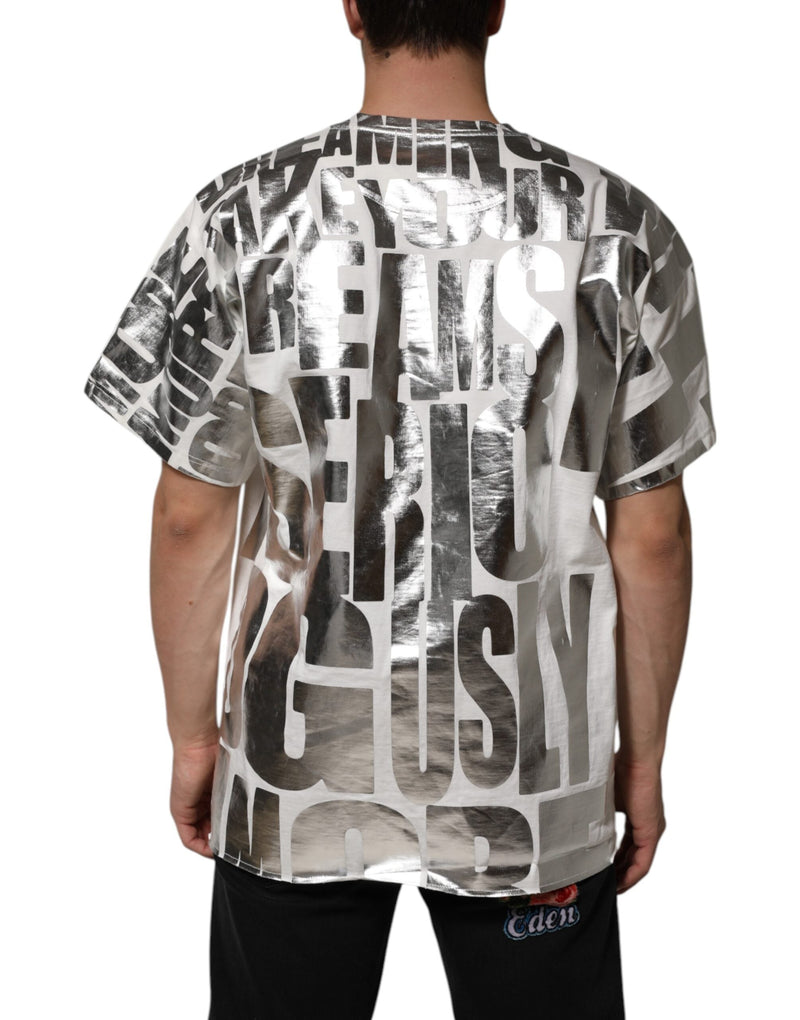 White Cotton Silver Metallic Slogan Print T-shirt Dolce & Gabbana