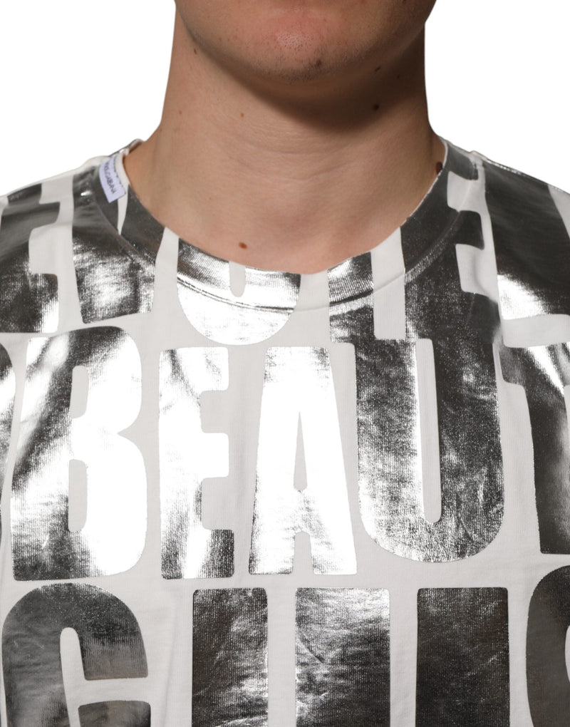 White Cotton Silver Metallic Slogan Print T-shirt Dolce & Gabbana
