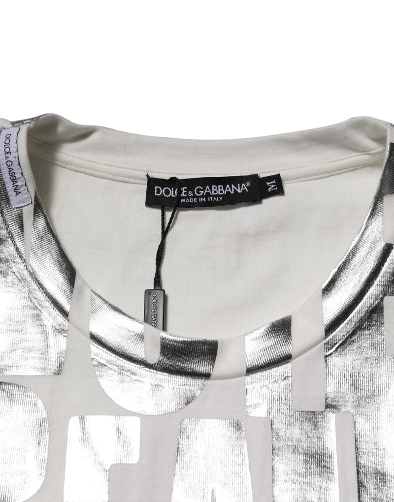 White Cotton Silver Metallic Slogan Print T-shirt Dolce & Gabbana