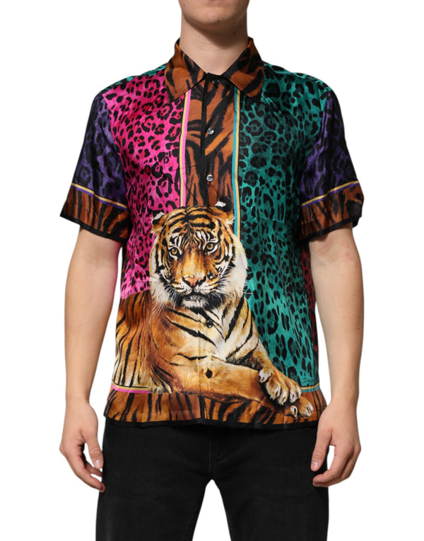 Multicolor Silk Tiger Print Hawaiian T-shirt Dolce & Gabbana