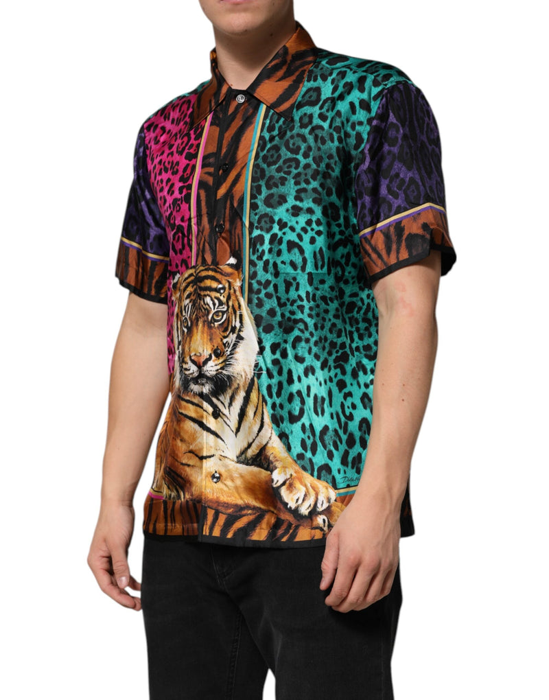 Multicolor Silk Tiger Print Hawaiian T-shirt Dolce & Gabbana