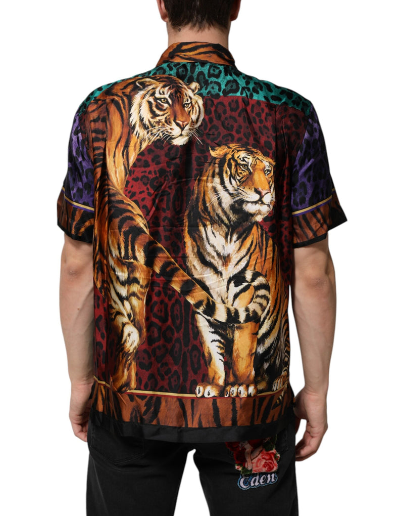 Multicolor Silk Tiger Print Hawaiian T-shirt Dolce & Gabbana
