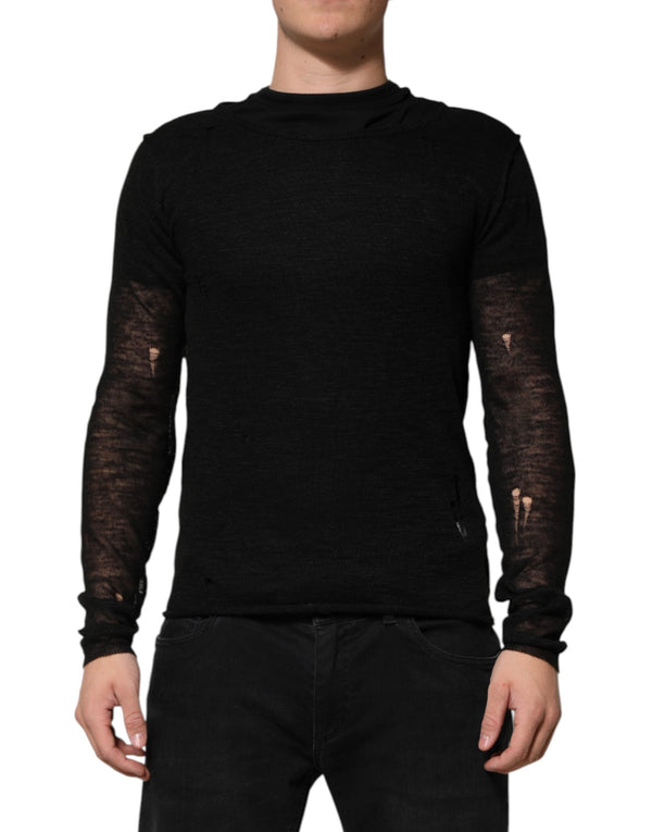 Black Linen Mesh Tattered Longsleeves T-shirt Dolce & Gabbana