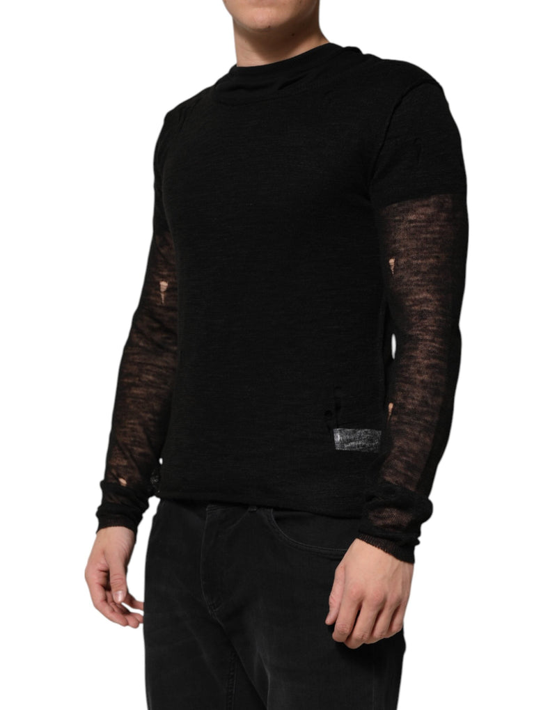 Black Linen Mesh Tattered Longsleeves T-shirt Dolce & Gabbana