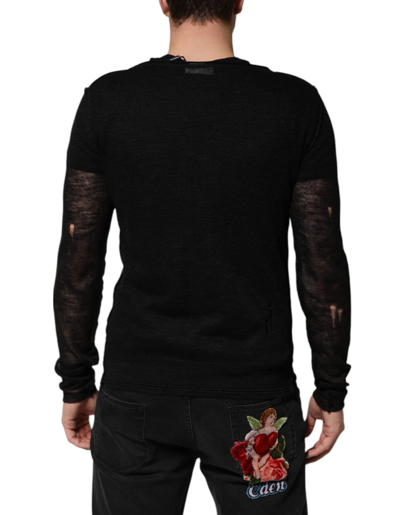 Black Linen Mesh Tattered Longsleeves T-shirt Dolce & Gabbana