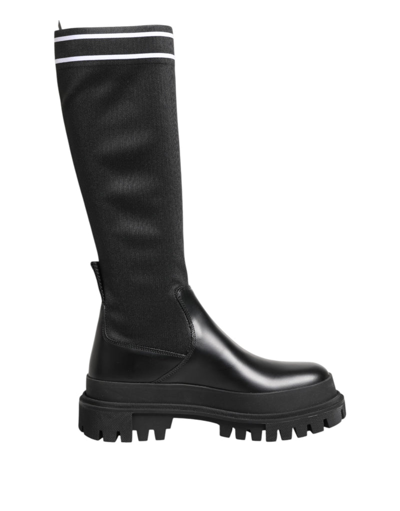Black White Polyester Socks High Boots Shoes Dolce & Gabbana