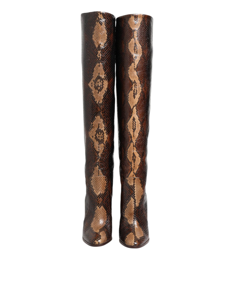 Brown Python Snakeskin Print Riding Boots Shoes Dolce & Gabbana