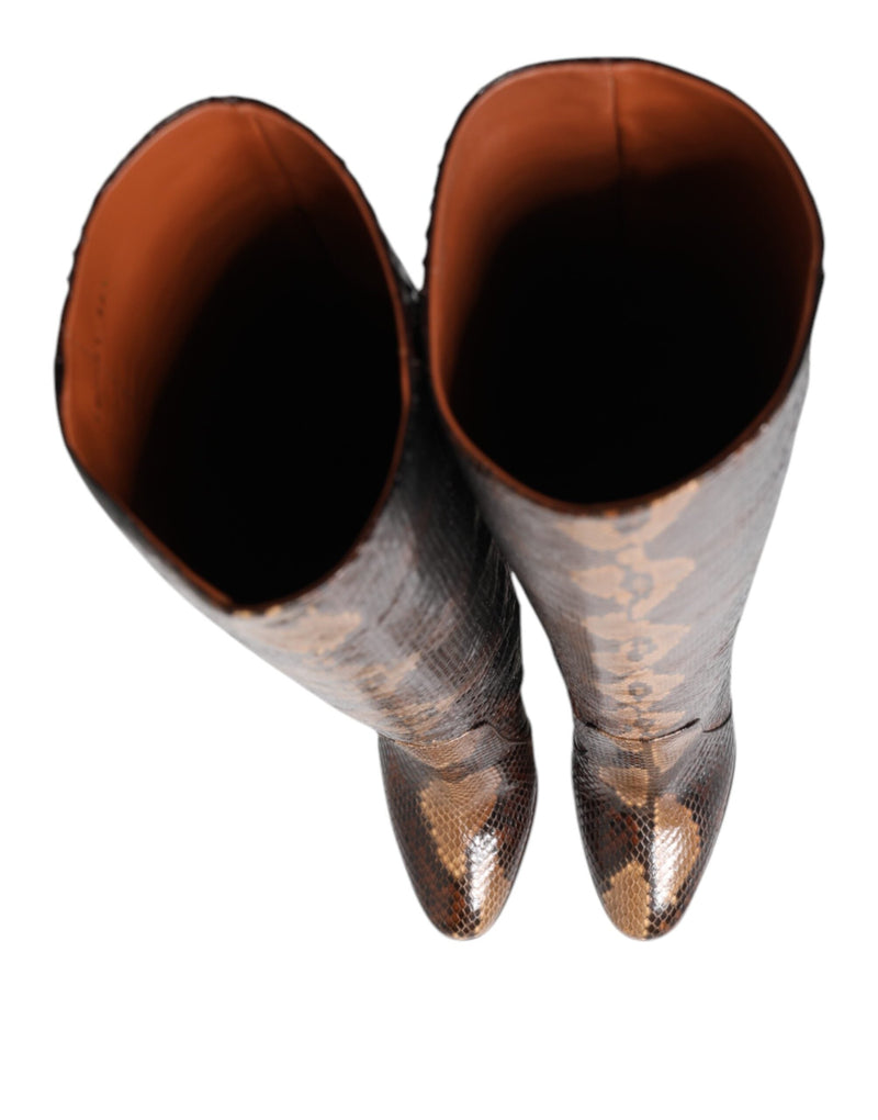 Brown Python Snakeskin Print Riding Boots Shoes Dolce & Gabbana