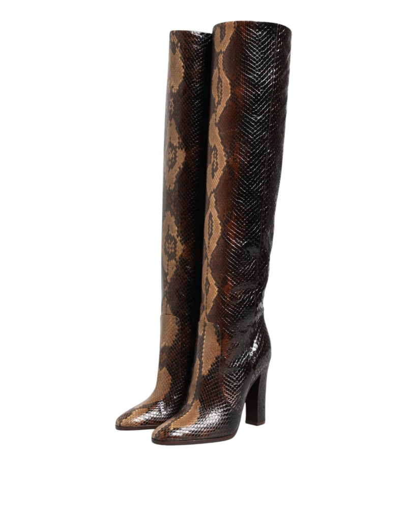 Brown Python Snakeskin Print Riding Boots Shoes Dolce & Gabbana