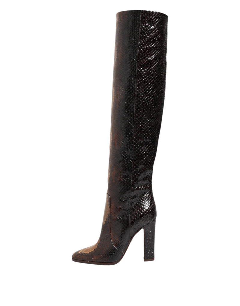Brown Python Snakeskin Print Riding Boots Shoes Dolce & Gabbana