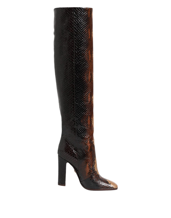 Brown Python Snakeskin Print Riding Boots Shoes Dolce & Gabbana