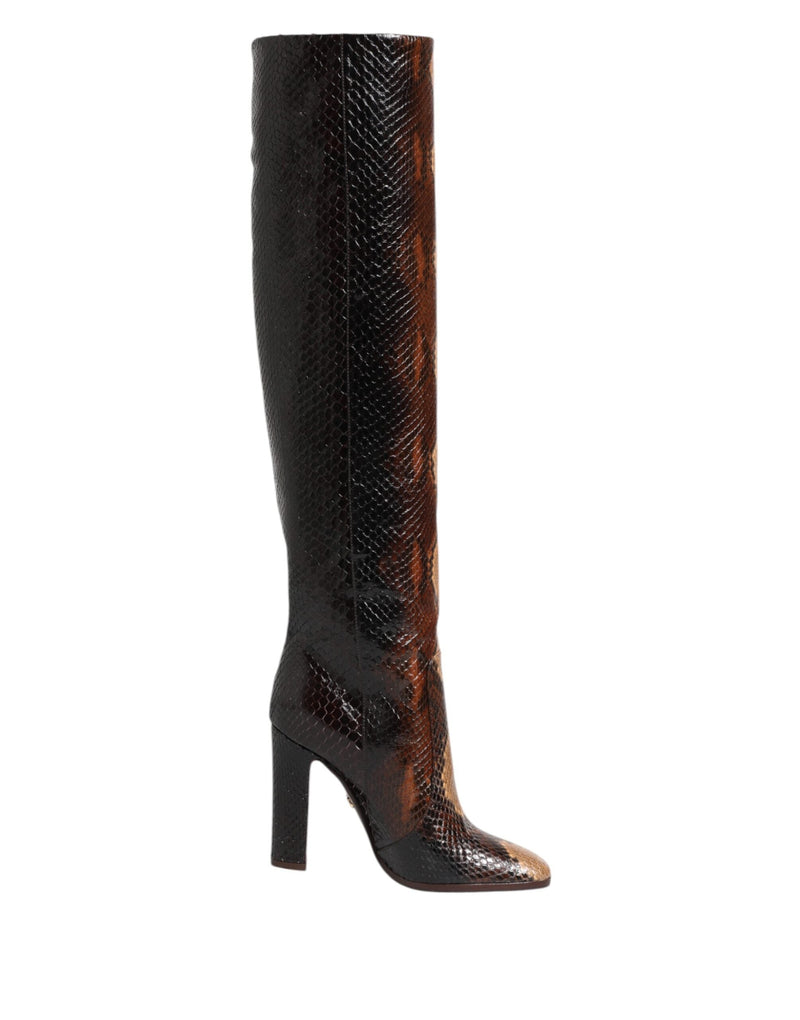 Brown Python Snakeskin Print Riding Boots Shoes Dolce & Gabbana