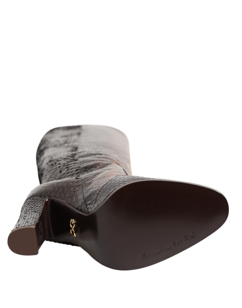 Brown Python Snakeskin Print Riding Boots Shoes Dolce & Gabbana